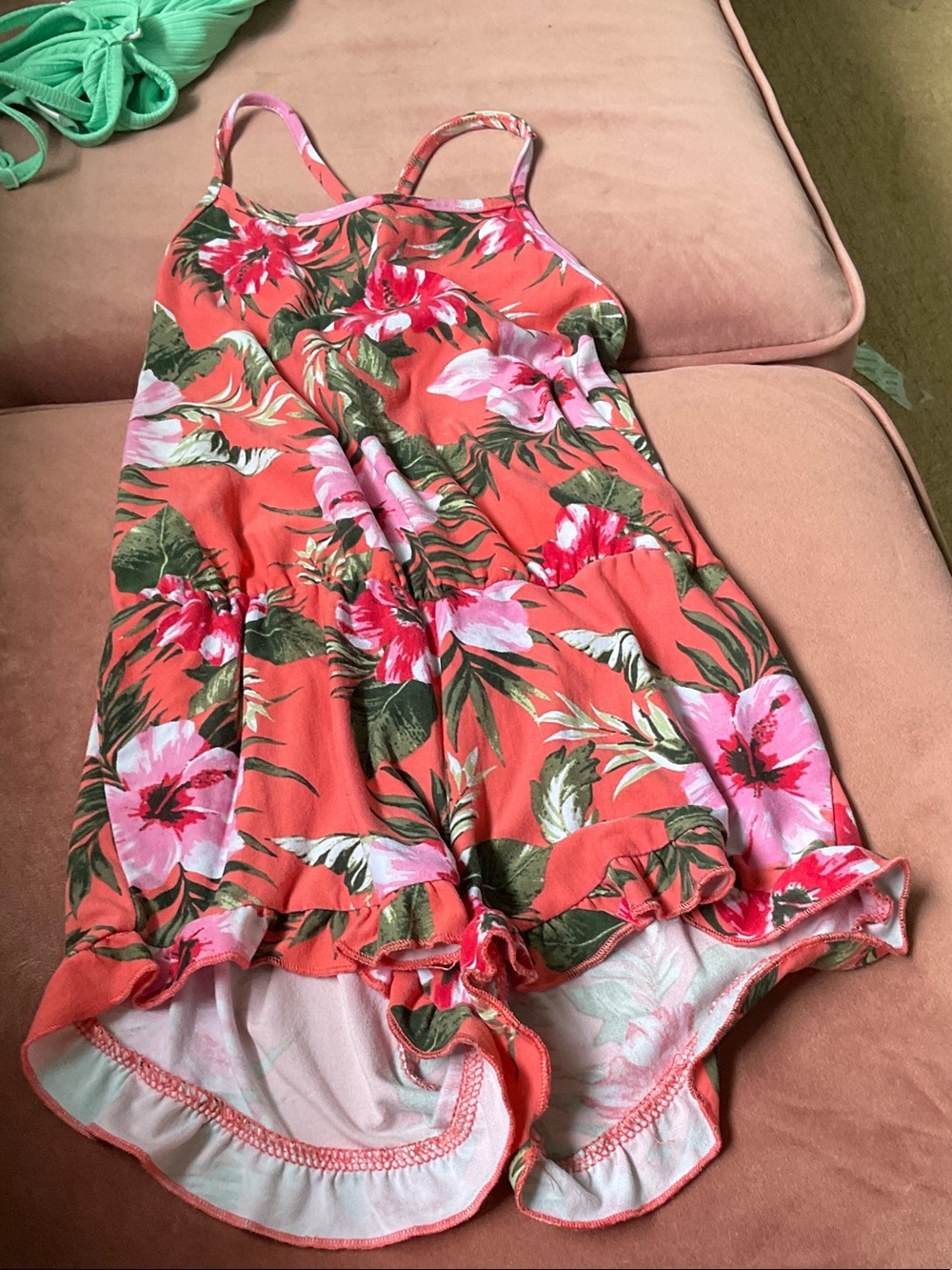 Epic Threads Coral Floral Tank Romper with Green Leaves